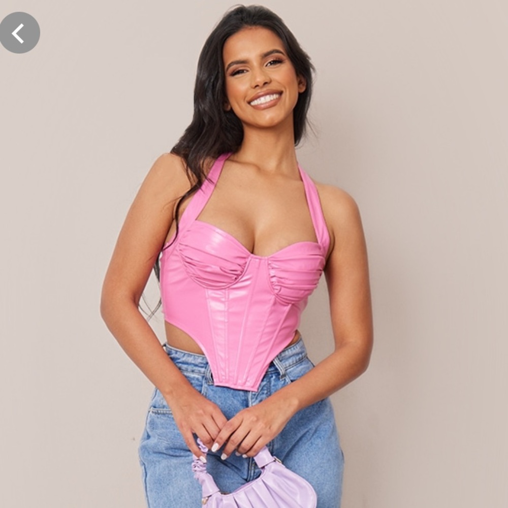 Pink faux leather ruched halter corset